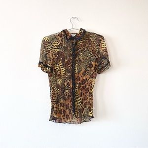 silky animal print button down top